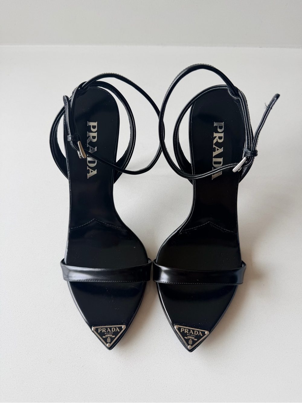 Prada Black Pointed-Toe Leather Ankle-Strap Heels